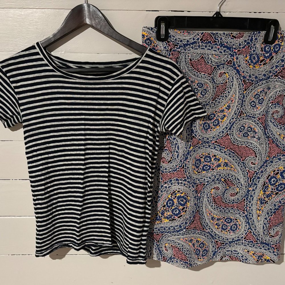 J Crew No. 2 Pencil Skirt & 100% Linen Striped Shirt
